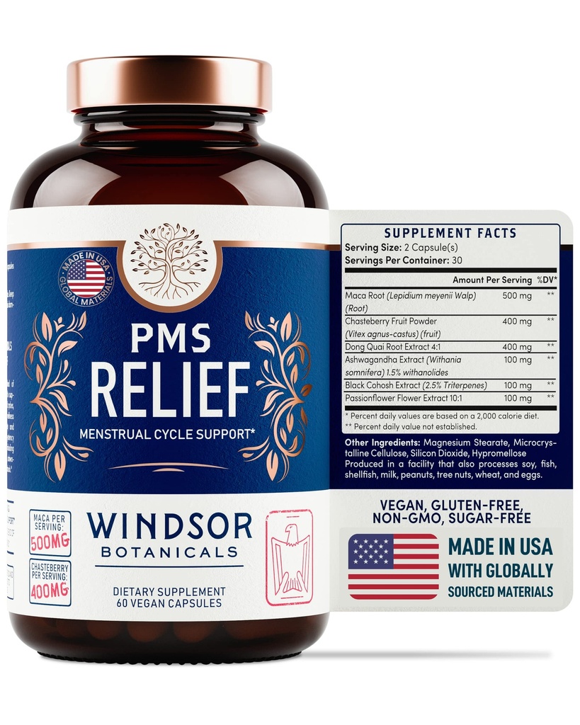 Supplément de soutien du SPM pour les femmes avec chasteberry, racine de la maca, Ashwagandha - Période de soulagement, soulagement de ballonnement pour les femmes, soutien de l'humeur, suppléments à base de plantes Hormone Balance - 30 Jour, 60 Capsules Vegan