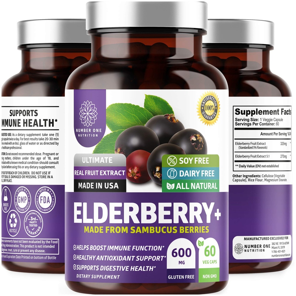 N1N Premium Black Elderberry Kapseln für Erwachsene [Max Strength] Pure und Potent Elderberry von Sambucus Nigra zur Unterstützung Immunität und Hautgesundheit, Non-GMO, Glutenfrei, 60 Veg Caps