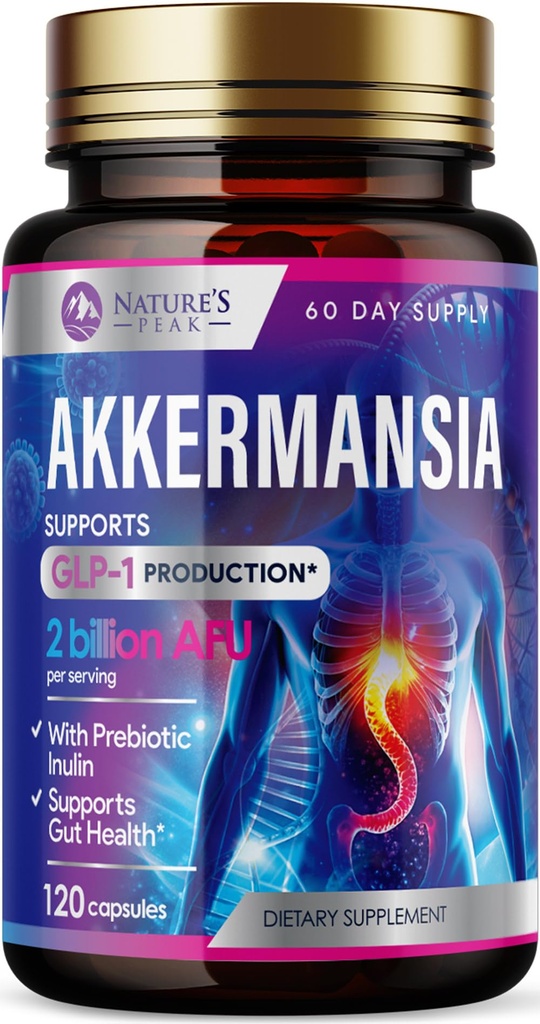 Akkermansia Probiotic Supplement - 2 Billion AFU GLP-1 Beilage mit Prebiotic Fiber - Akkermansia Muciniphila GLP-1 Probiotics für Damen und Herren - Verdauungs-, Gut & Immununterstützung - 120 Kapseln