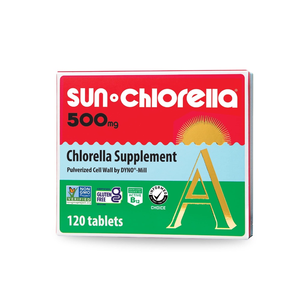 Sun Chlorella 500mg Ganzkörper Wellness Green Algae Superfood Supplement - Immune Defense, Gut Health, Natural Purification, Energy Boost - Chlorophyll, B12, Eisen, Protein - Non-GMO - 120 Tabletten