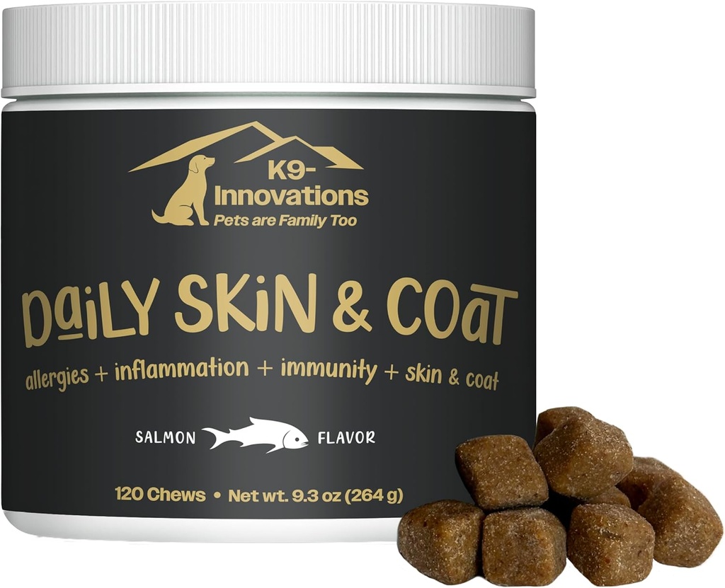 K9-Innovations - La peau quotidienne et le chien en manteau mâchent l'arôme de saumon - Réduisez les démangeaisons et l'égratignure des pattes, l'oméga 3 et le VIT C pour la santé de la peau - 1-4 mois d'approvisionnement (120qty)