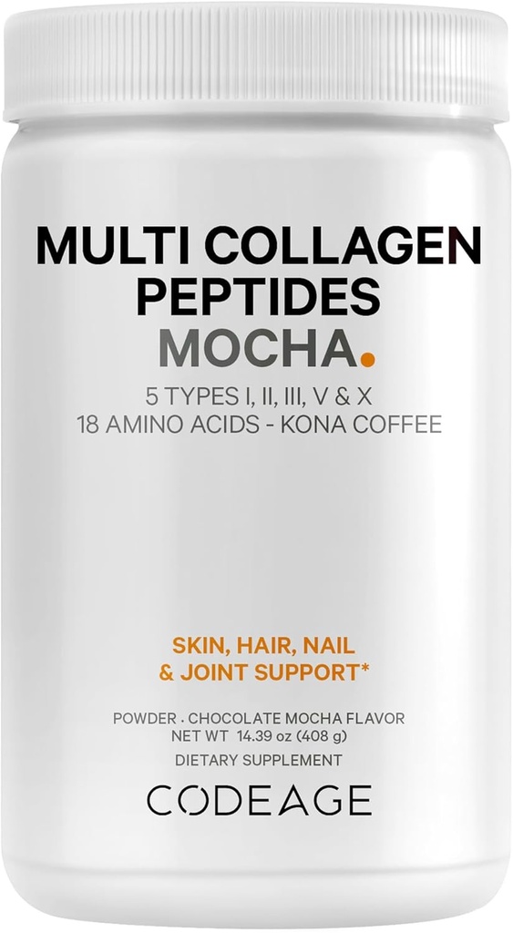 Codeage Multi Collagen Peptides Protein Powder - Schokolade Mocha Instant Kaffee - Gourmet Knoa Kaffee trinken & Shake - Collagen Typ I, II, III, V & X - Grass-Fed, Hydrolyzed, Non-GMO - 14.39oz