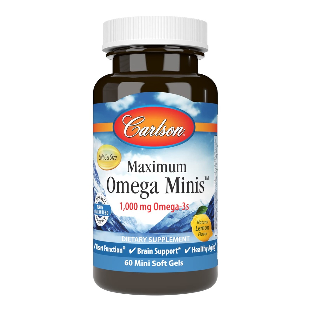 Carlson - Maximum Omega Minis, 1000 mg Omega-3s, Herz-Funktion, Gehirn-Unterstützung & Gesunde Aging, Zitronen, 60 Mini Softgels