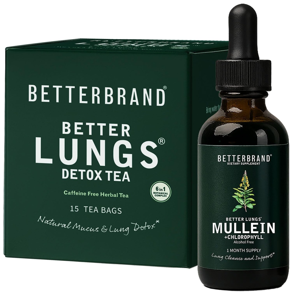 Betterbrand BetterLungs Health Pack - Bessere Lunge Detox Tee & Mullein Blatt Tinktur Tropfen | (2) Tägliche Atmungsaktivität Wellness
