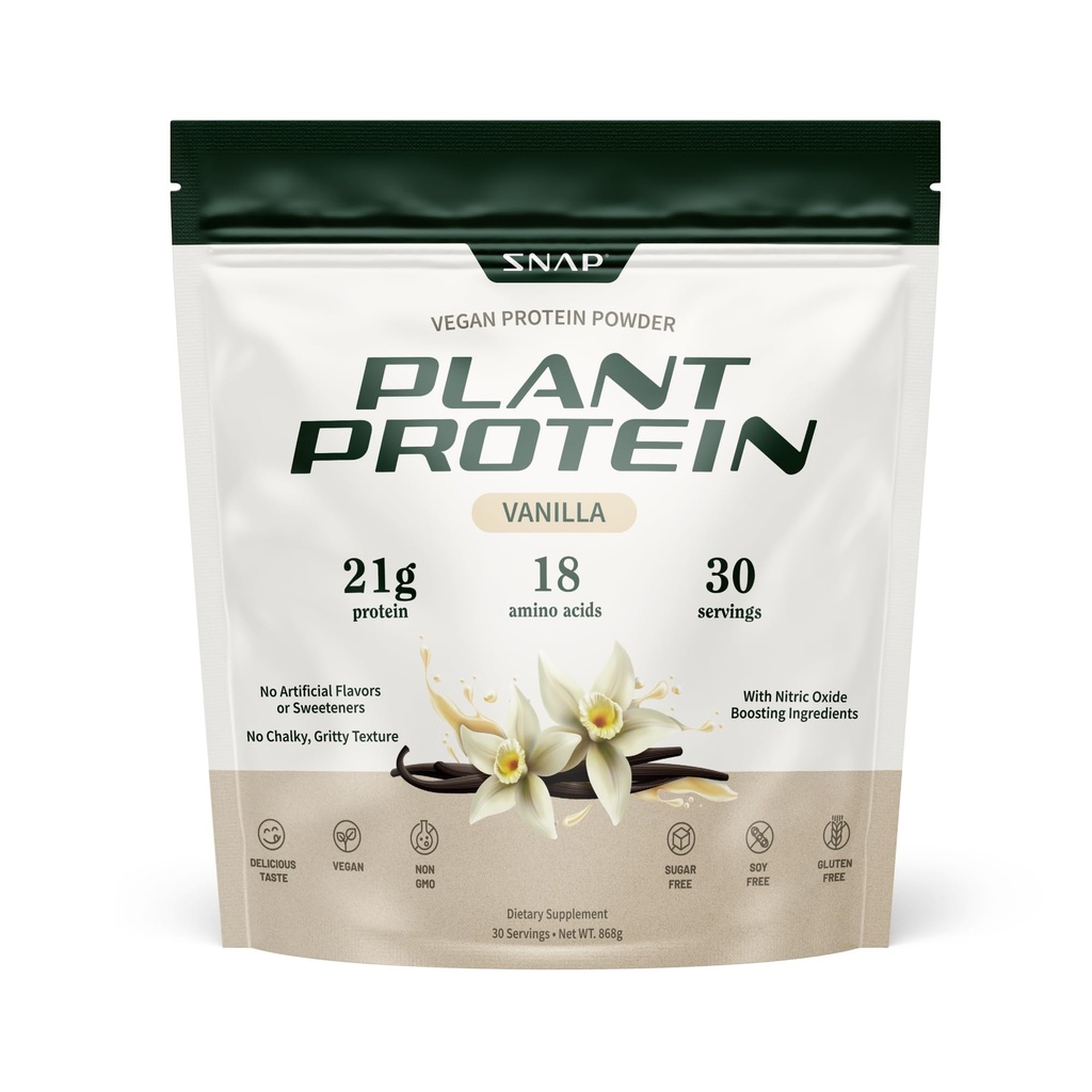 Snap-Ergänzungen Organische pflanzliche Proteinpulver Nitric Oxide Boosting Protein Powder, Vanilla Bean, BCAA Amino Säure für Muskelwachstum, Leistung & Erholung - 30 Servierungen (Vanilla)