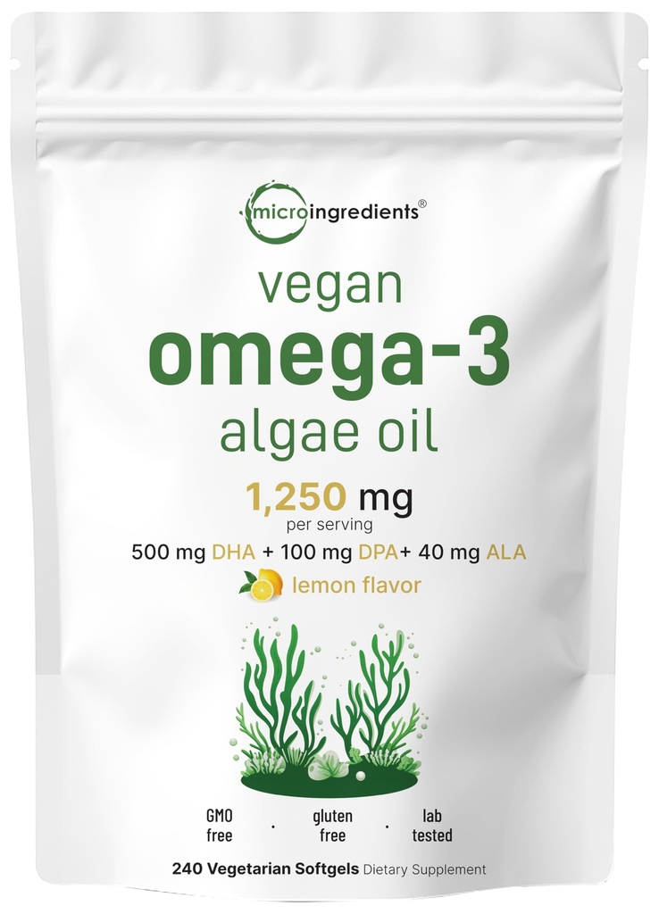 Micro Ingredients Vegan Omega 3 Algenöl, 240 Veggie Softgels | Alternative Fischöl | DHA 500mg & DPA 100mg | Carrageen frei | Pflanzenbasiertes Omega 3 mit Leinsamen & ALA | Zitrone aromatisiert