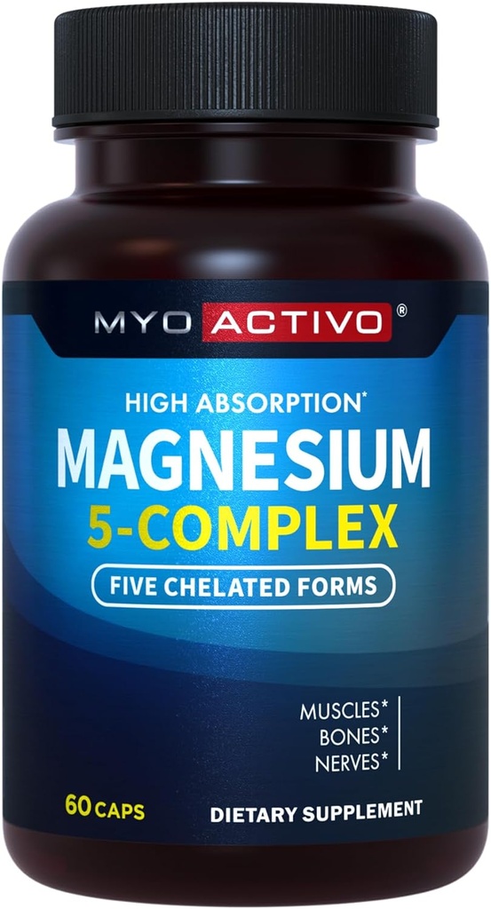 5-in-1 Magnesium Complex - hohe Absorption - Chelat Magnesium Glycinat, Malat, Citrat, Taurat, & Aspartate für Nerves, Muskeln, Knochen | 60 Kapseln | Magnesium Supplement