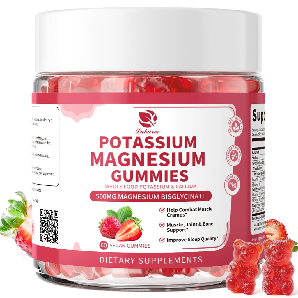 Magnesium Kalium-Ergänzungsgummis - New Formula Calm Magnesium Glycinate Gummis & Kalium Citrate 200 mg Plus Omega 3, B6, D3, K2 & Calcium für Zzz, Leg Cramps & Muskel - 120 Count