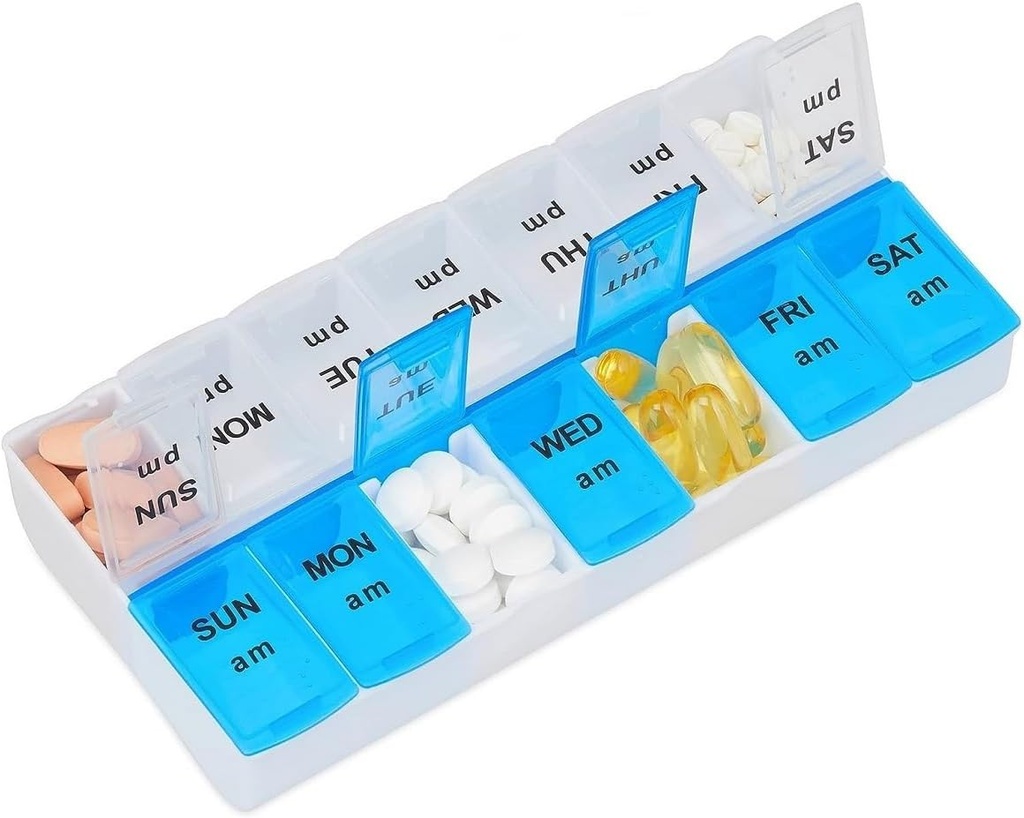 Organisateur de pilules 7 jours, boîte à pilules 2 fois par jour AM PM Cas de pilules, contenant hebdomadaire de pilules Boîte de médicaments portables pour les vitamines et suppléments (bleu-blanc)