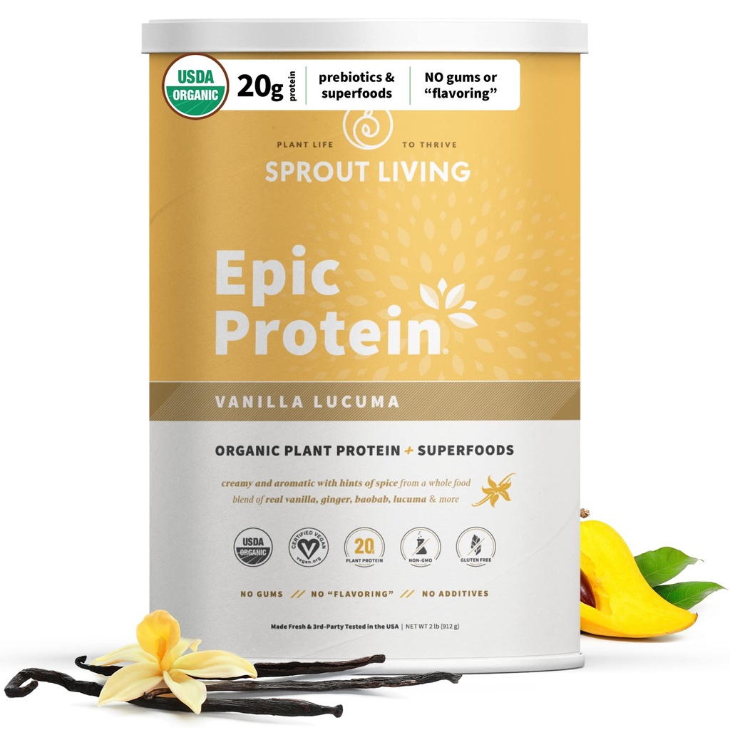 Sprout Living Epic Protein, Plant Based Protein & Superfoods Powder, Vanilla Lucuma Powder | 20 Grams Organic Protein Powder, Vegan, Non Dairy, Non-GMO, Glutenfrei, Low Sugar (2 Pfund, 24 Portionen)