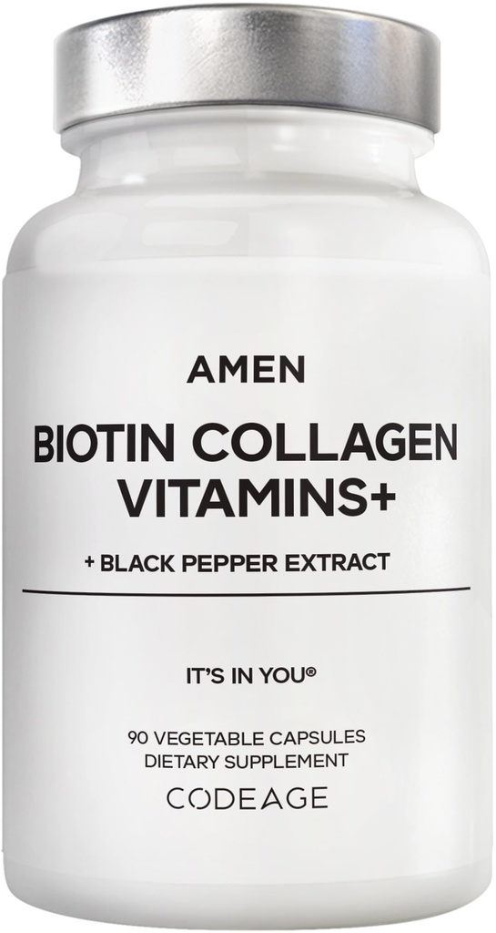 Amen Biotin Collagen Vitamine + 10.000 mcg Biotin Supplement - hydrolysiertes Kollagen, Vitamine C & E, Folat, Hyaluronsäure, Keratin, MSM, Saw Palmetto - 3-Monat-Versorgung - Non-GMO - 90 Kapseln