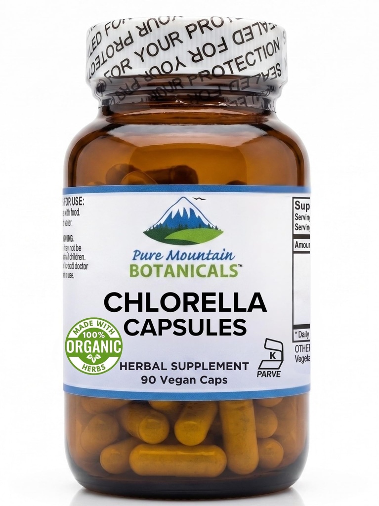 Pure Mountain Botanicals Gebrochene Zellwand Chlorella Kapseln - 90 Kosher Vegan Caps jetzt mit 500mg Bio Chlorella Pulver