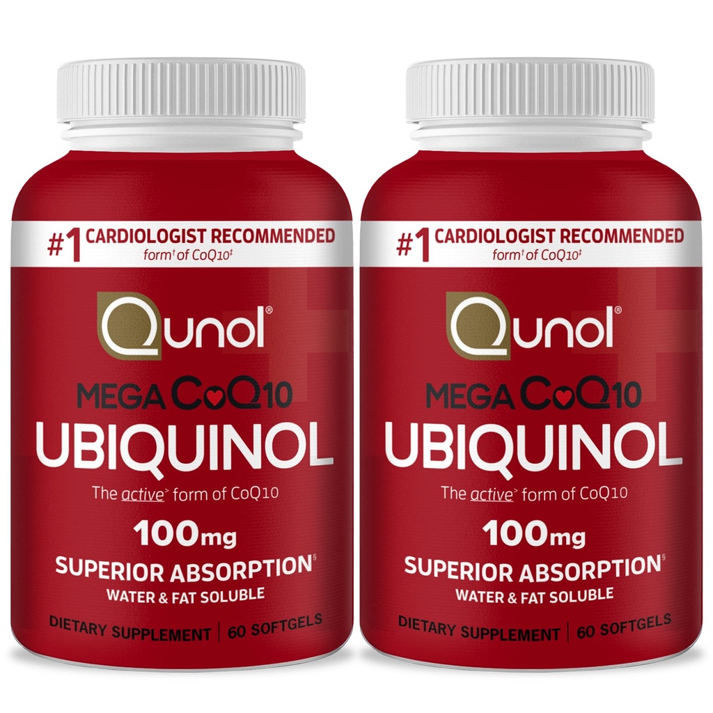 Qunol Mega Ubiquinol Coq10 100mg, Absorption supérieure, eau brevetée et supplément naturel de graisse soluble Forme de Coenzyme Q10, Antioxydant pour la santé cardiaque, 60 Softgels, Pack de 2