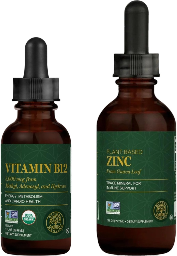 Global Healing Center - Vitamin B12 und Organische Zink-Flüssig-Ergänzungs-Kit - Langzeit-Energie, Immunsystem-Boost, Hormon-Balance