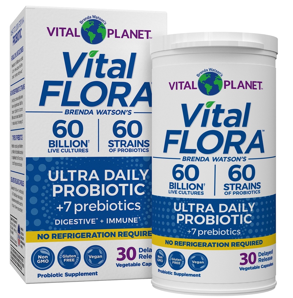 Vital Planet - Vital Flora Ultra Daily Probiotic 60 Billion CFU, 60 Diverse Strains, 7 Bio-Präbiotika, Immununterstützung, Digestive Health Shelf Stable Probiotics für Frauen und Männer 30 Kapseln