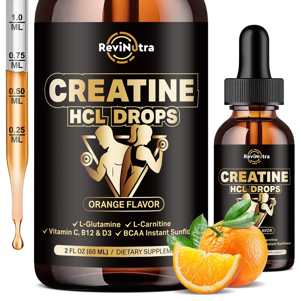 Kreatin HCL Flüssigkeitstropfen für Männer & Frauen, 1500mg flüssiges Kreatin-Hydrochlorid, hohe Absorption, 2 Fl Oz Orange Flavor