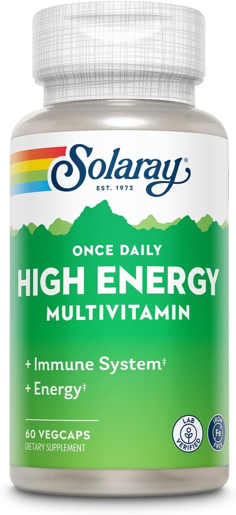 SOLARAY Une fois par jour haute énergie multivitamine, sans fer, système immunitaire et soutien énergétique, aliments entiers et ingrédients de base à base de plantes, hommes et femmes, multivitamines, 60 portions, 60 VegCaps