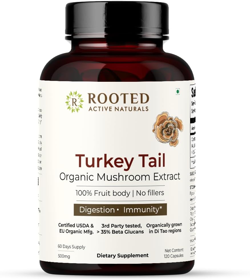 Gélules d'extraits de champignons de la dinde de ROOTED Active Santé cardiaque, soulagement du stress, foie. USDA Organic, 35% Beta Glucans, certifié Organic (120 capsules)