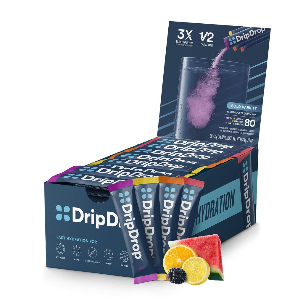 Paquets d'hydratation DripDrop - Paquet de variétés froides - Mélange de poudre d'électrolytes à usage unique - pastèque, baie, citron, orange - Non-OGM, sans gluten, végétalien - 80 bâtons