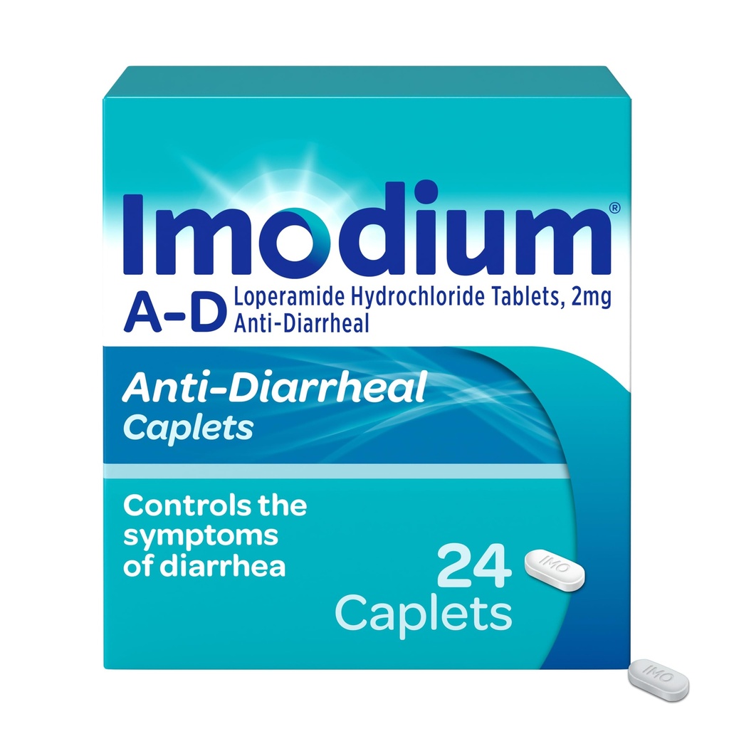 Caplets de soulagement de la diarrhée Imodium A-D avec HCl Loperamide, antidiarrhéique pour aider à contrôler les symptômes de la diarrhée en raison de la diarrhée aiguë, de la diarrhée du voyageur, HSA/FSA admissible, 24 ct
