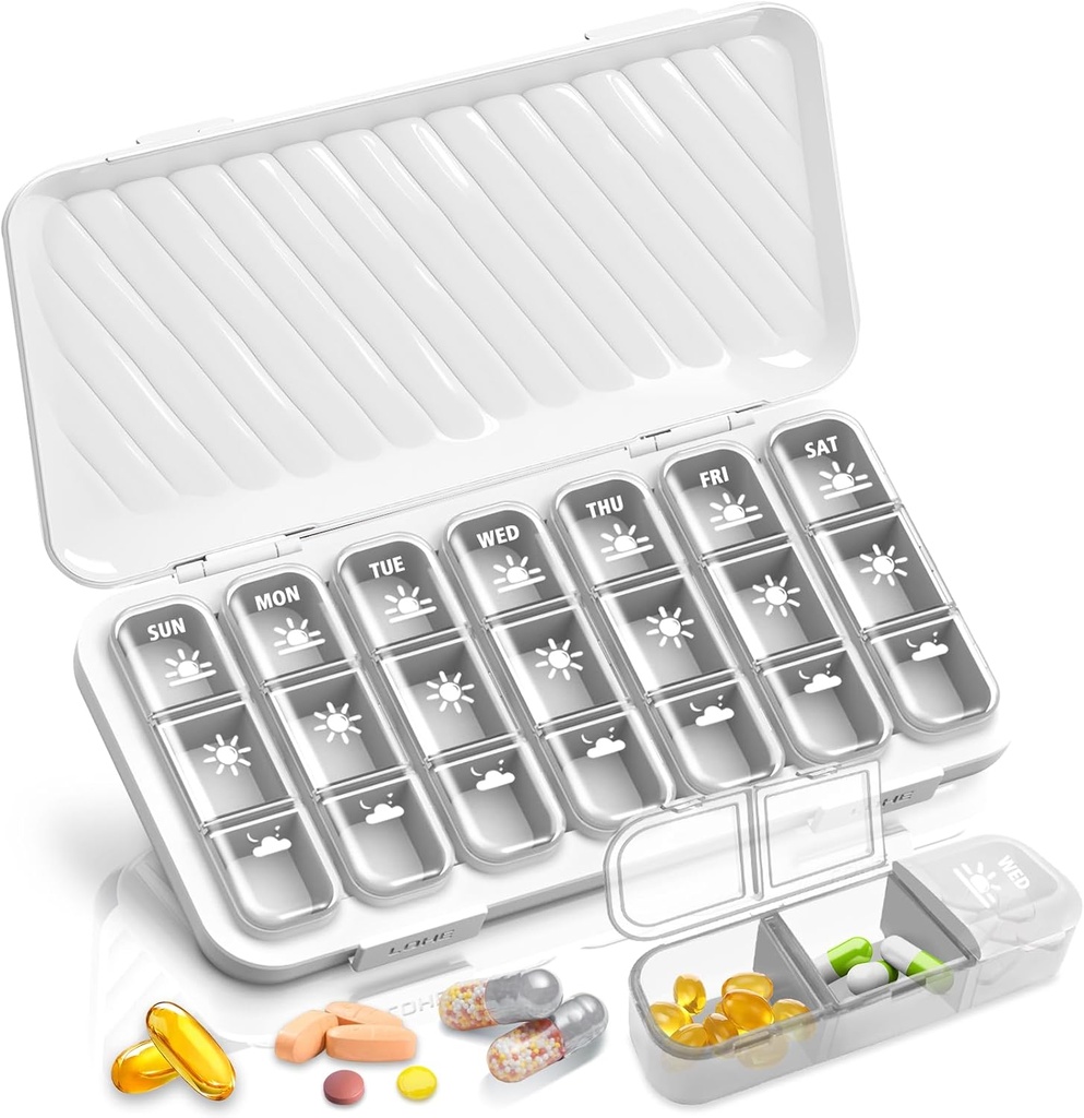 Organisateur hebdomadaire de pilules GloDeals - Grand organisateur de médicaments de 7 jours, 3 fois par jour, blanc