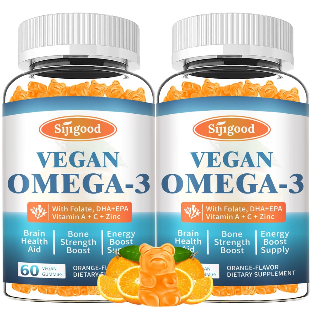 2 Pack Omega-3 Gummie Potent Algae Omega Quelle, Boost Brain, Augen- und Immunfunktion, mit DHA und EPA Vegan & Sugar Free, Orange Flavor, 120 Count