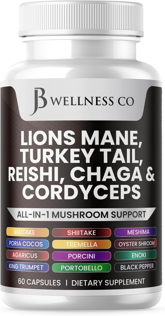 Lions Mane Supplement Kognitive Unterstützung, Immungesundheit mit der Türkei Tail 20in1 Pilz Reishi Cordyceps Chaga mit Marshmallow Root 60 Count