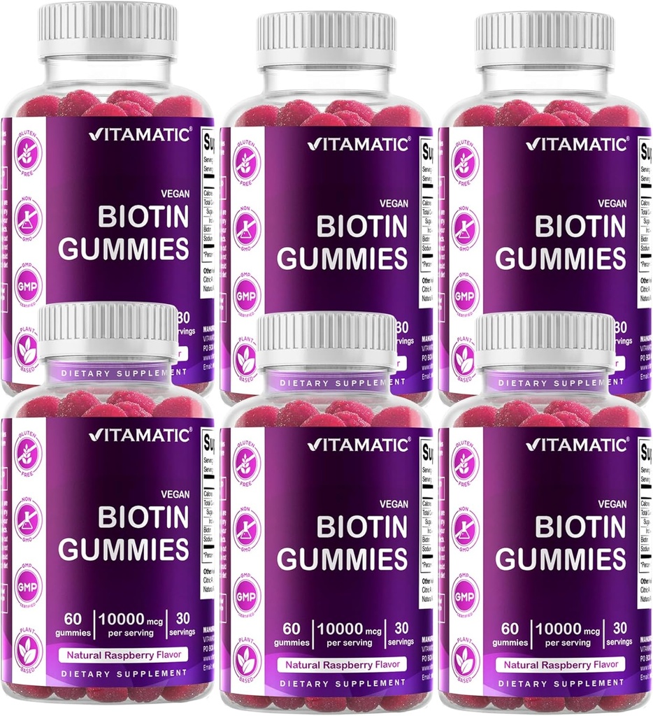 Vitamatic Biotin Gummies 10.000 mcg für härtere Haare, Haut und Nägel - 60 Vegan Gummies - auch Vitamin B7 (6 Flaschen)