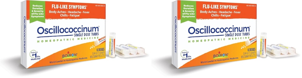 Boiron Oscillocicinum pour soulager les symptômes de la grippe comme les douleurs corporelles, les maux de tête, la fièvre, les frissons et la fatigue - 6 comtes (paquet de 2)