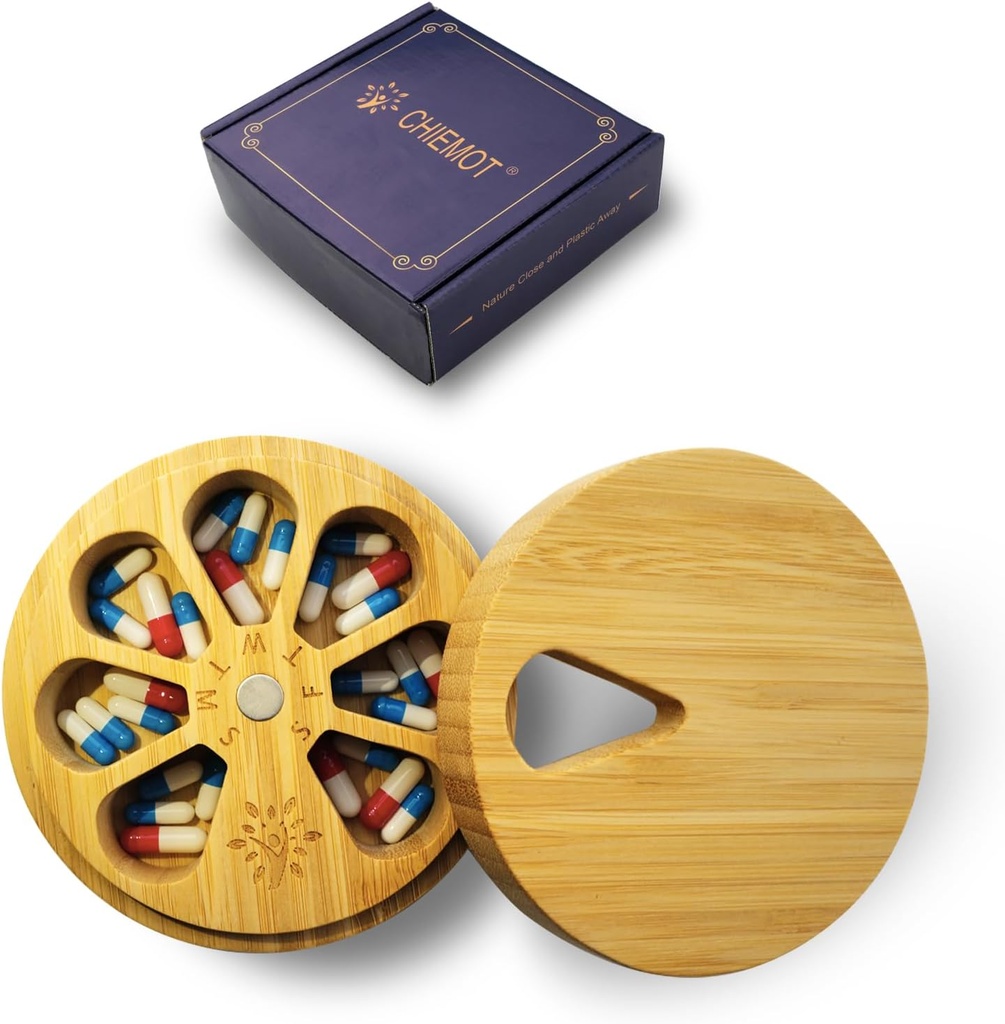 Bamboo Wood Weekly Pill Organizer for Medicine Vitamine Supplement, Arthritis Friendly 7-Day Pill Box Medium Container Holder, Daily Portable Travel Pill Keeper Dispenser