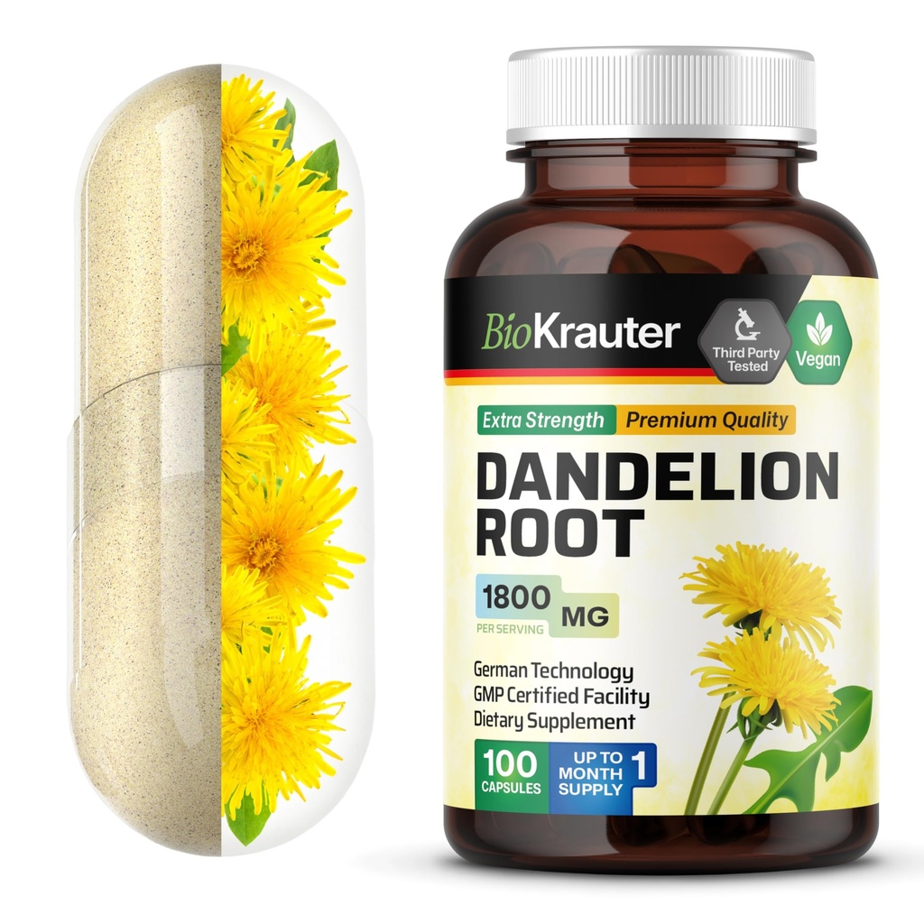 BIO KRAUTER Dandelion Root Capsules - 1800 mg Stärke - 100 Count - Dandelion Root Supplement - Vegan Capsules for Liver Support