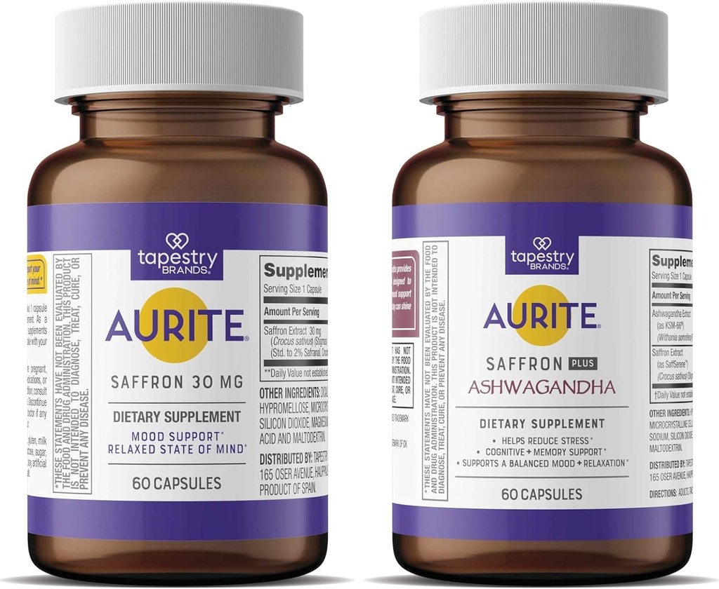 Saffron Ashwagandha & Saffron Supplément Bundle , Gestion du stress, Mood Support, Mémoire à long terme. Amies des végétariens, non OGM, sans gluten, sans soja
