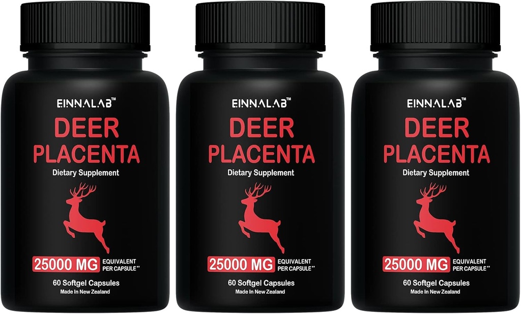 25 000mg Supplément de placenta de cerf le plus élevé 60 capsules - Fabriqué en Nouvelle-Zélande (ensemble de 3 bouteilles, 180 capsules)