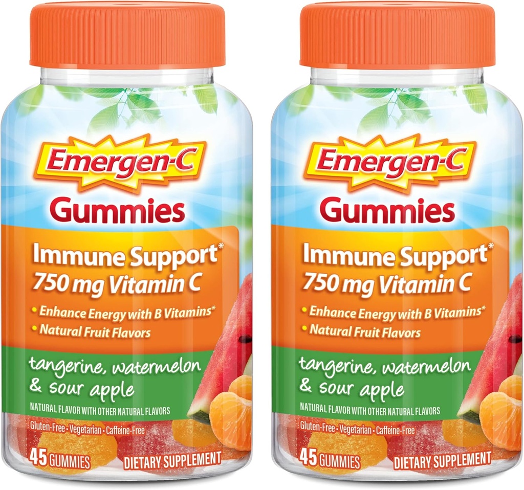 Emergen-C Vitamin C Gummis, Nahrungsergänzungsmittel für Immununterstützung, Tangerine, Wassermelone und saurer Apfelgeschmack - 45 Count x 2 (Pack mit 2)