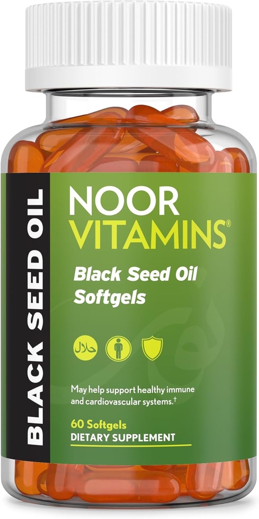 Noor Vitamine Halal Schwarz Samen Öl Kapseln, Halal Vitamine, 1000 mg Schwarz Samen Öl von Nigella Sativa, Thymochinon, Non-GMO, Glutenfrei, 60 Zähler
