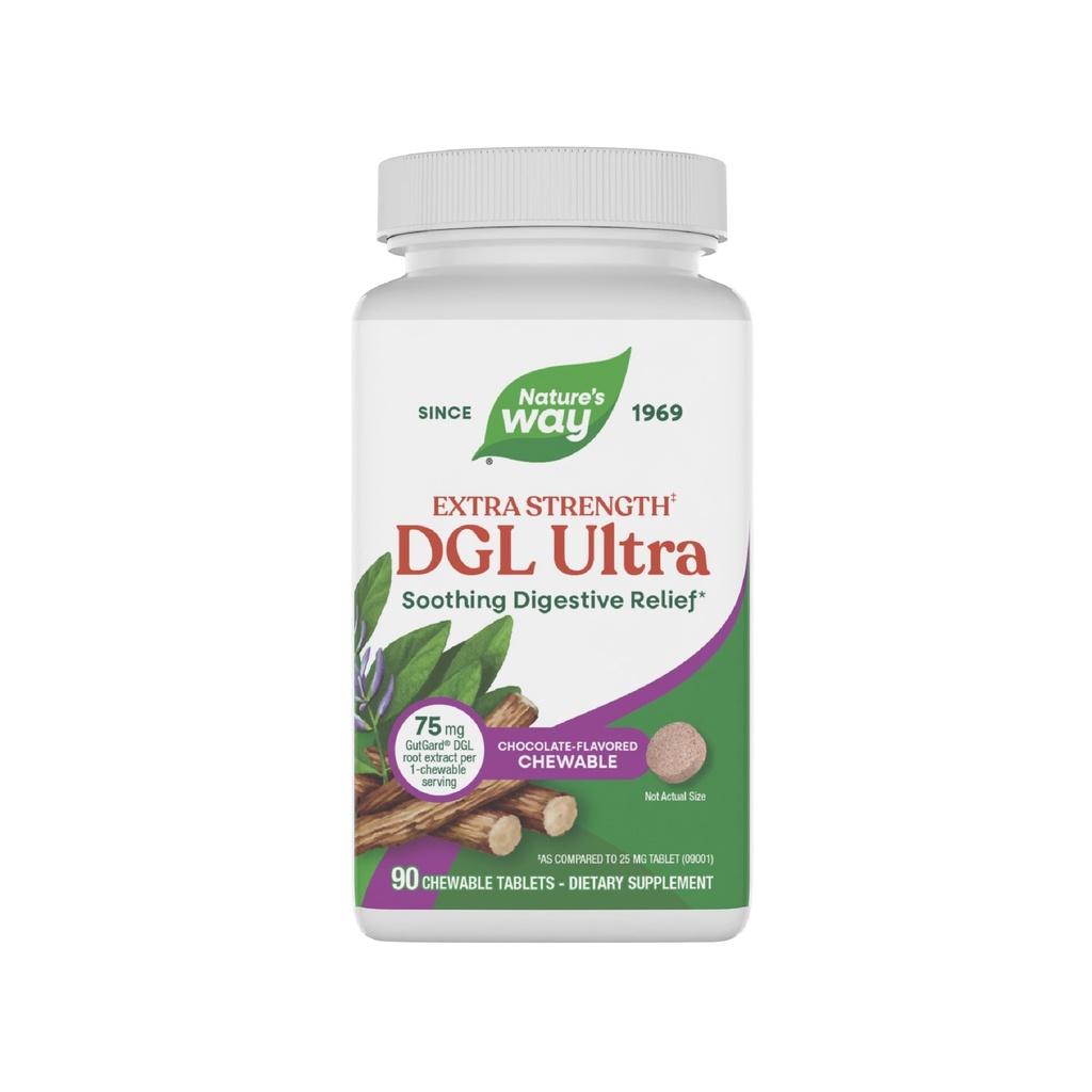 Nature's Way DGL Ultra Extra Strength*, Premium Licorice Root Extract, Beruhigendes Verdauungsrelief*, mit Gutgard, Vegan & Glutenfrei, Schokolade Flavored, 90 Kautabletten (Packaging May Vary)