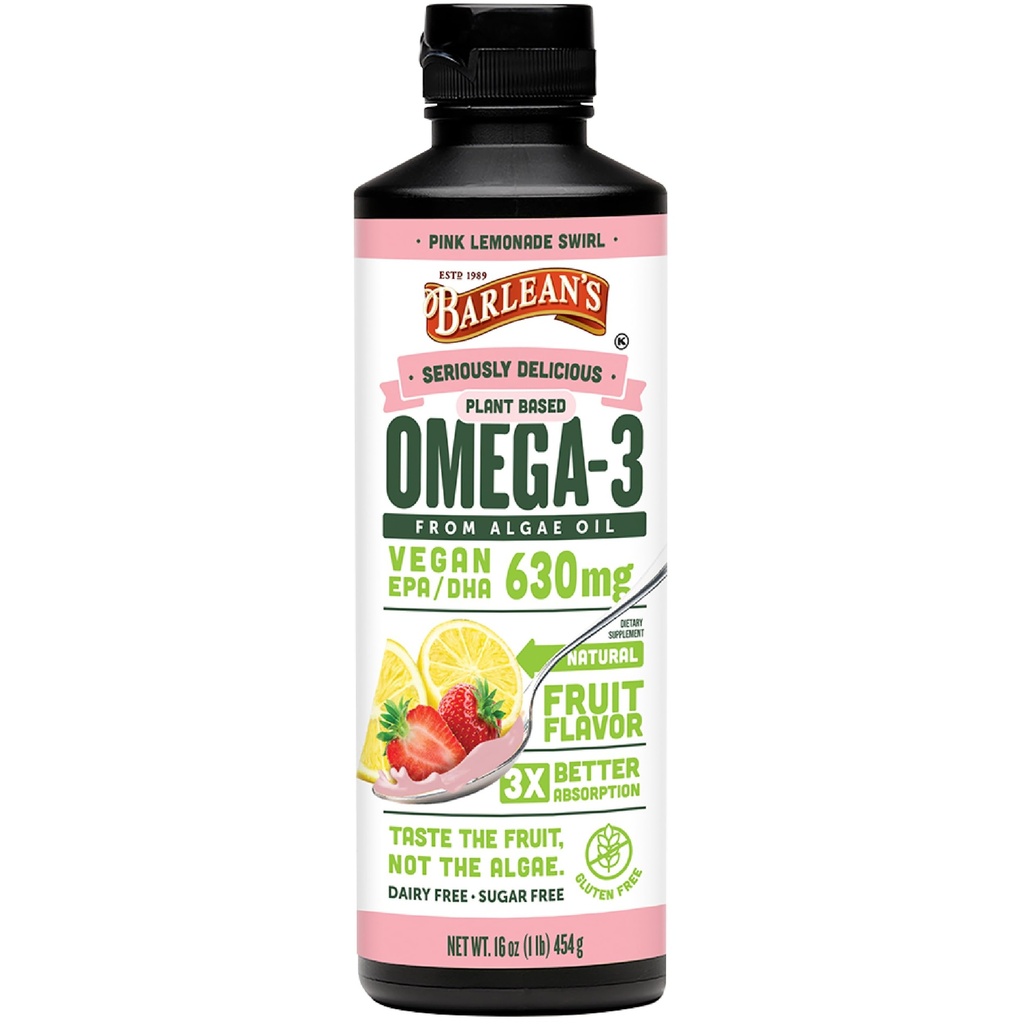 Barlean's Pink Lemonade Vegan Omega 3 Supplement, Flüssiges Algenöl mit 630 mg EPA & DHA, Pflanzen basierte Omegas von Algal Oil, Non-GMO & Gluten Free, 16 oz