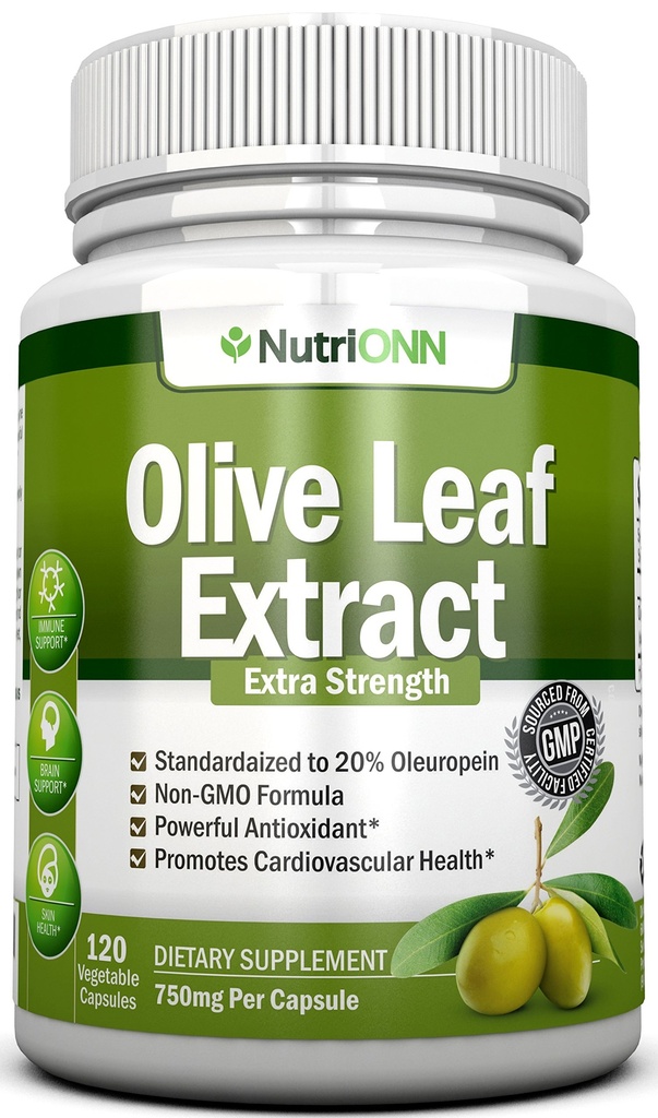 Olive Leaf Extract - 750 Mg - 120 Kapseln - Extra Strength - 20% Oleuropein - Non-GMO Formel - Premium Qualität aus reinen Olivenblättern - Leistungsstarkes Antioxidans - Ideal für Herz, Haut und Gehirn