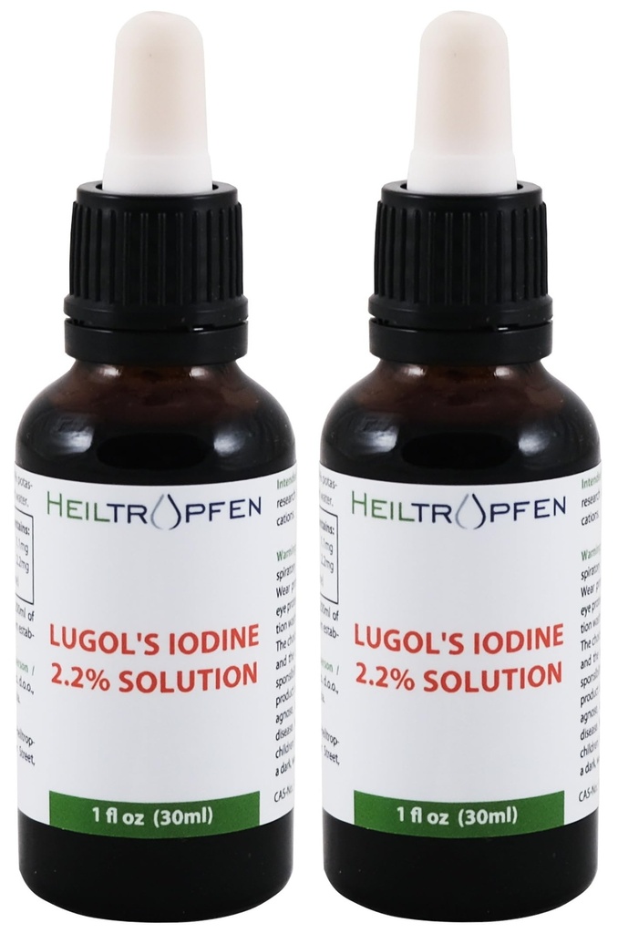 2X 2.2% Lugol's Iodine Lösung 2x1 Fl Oz - 2x30 ml | Pharmazeutische Qualität Zutaten | Lugols Lösung Hergestellt mit Jod und Kalium Iodide | Set von zwei Flaschen | Heiltropfen®