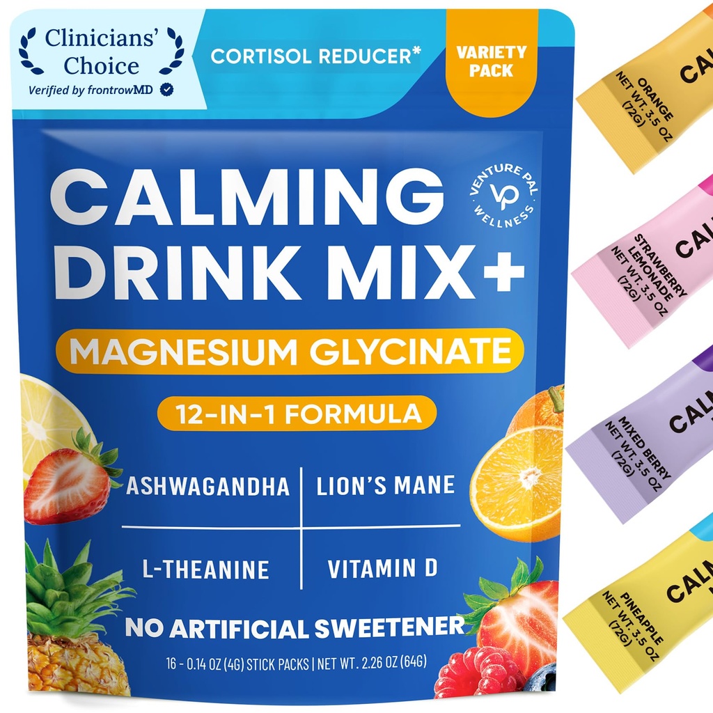 Venture Pal Calmant Mélange de boissons en poudre, Magnésium Glycinate, Ashwagandha, L-Theanine, Vitamine D, Lions Mane, Sans sucre Mélange de supplément de magnésium pour la détente et la concentration, Non OGM, Vegan, En route