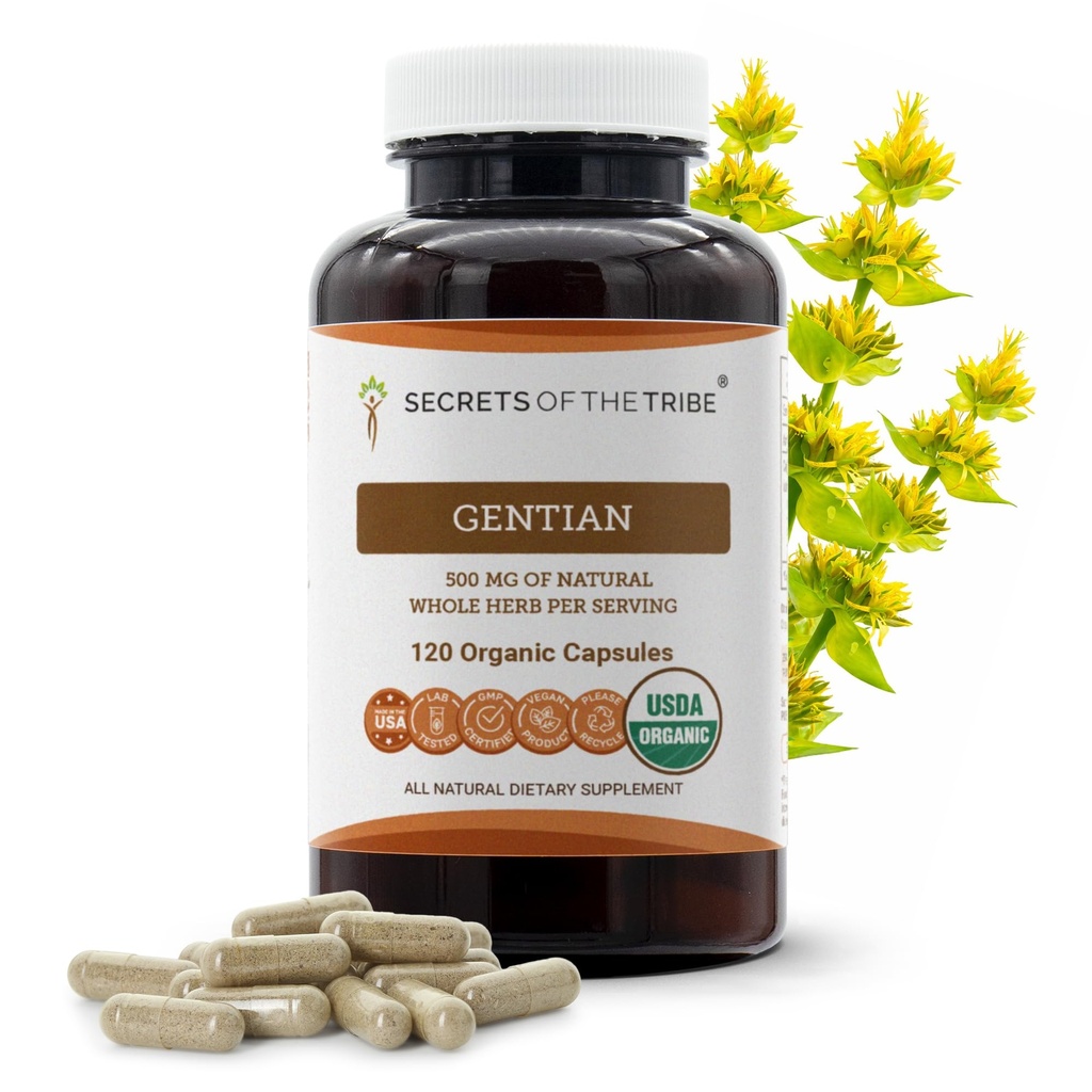 Secrets de la Tribe Gentian USDA Organic 120 Capsules, 1000 mg, Gentiane biologique d'élevage responsable (Gentiana Lutea) Racine séchée (120 Capsules)
