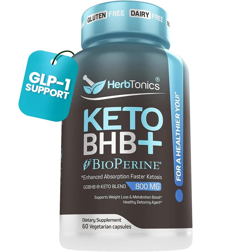Herbtonics Keto BHB+ BioPerine Keto Pillen, Exogene Ketone für Ketosis-Unterstützung, Gewichtsmanagement, GLP‐1 Unterstützung, Energie & Mental Fokus, Vegan Friendly Non-GMO Formel. 60 Vegan Kapseln