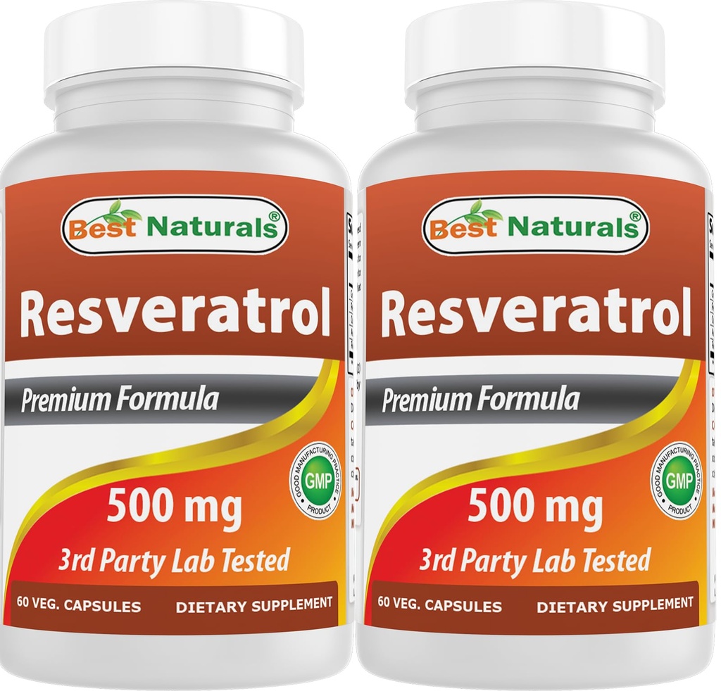 Best Naturals 2 Packs Resveratrol Complex 500 mg 60 Capsules de légumes faites avec la peau de raisin, vin rouge, Quercetin - Sans gluten et non OGM - (Total 120 Capsules)