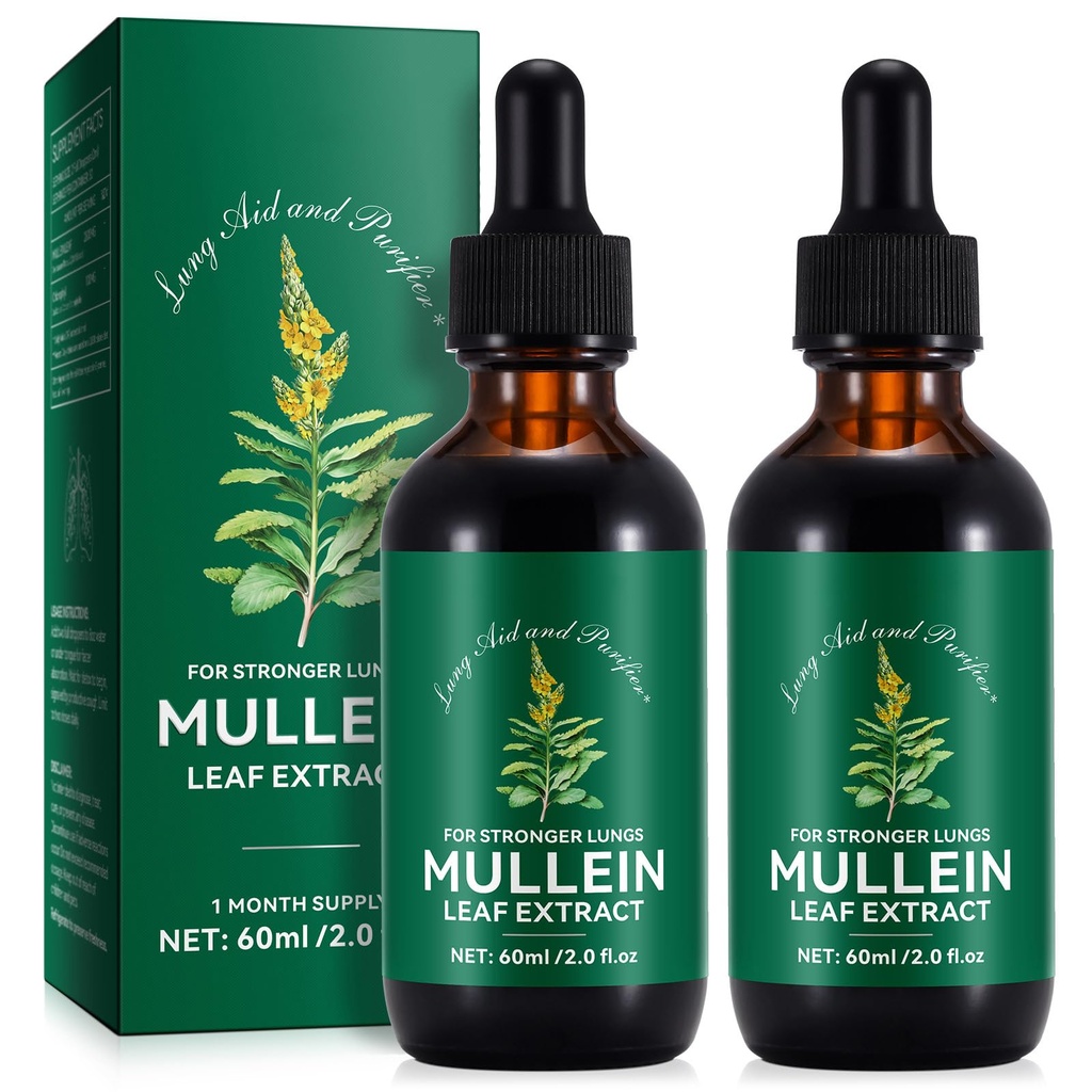 Gouttes de Mullein pour les poumons 4 Fl Oz - Extrait de Mullein Leaf pour les poumons avec chlorophylle - Supplément à base de plantes naturelles pour le nettoyage pulmonaire, le soutien respiratoire, stimule l'immunité, le bien-être digestif