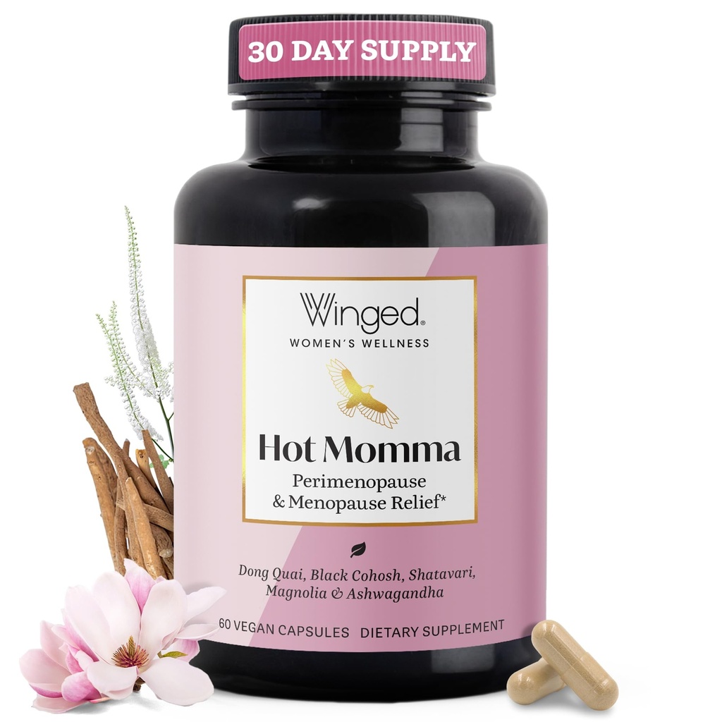 Winged Wellness Hot Momma Ménopause Suppléments pour femmes - Hormone-Free Ménopause Relief Support for Hot Flashes & Sweats Night with Chaste Tree Berry, Multivitamins & More - 60 Capsules Vegan