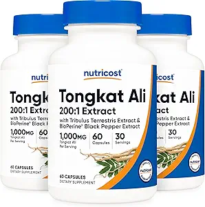 Nutricost Tongkat Ali 1.000mg, 60 Caps (3 Flaschen) - 30 Servierungen, Veggie Caps, Non-GMO, Glutenfrei, Potent Extract