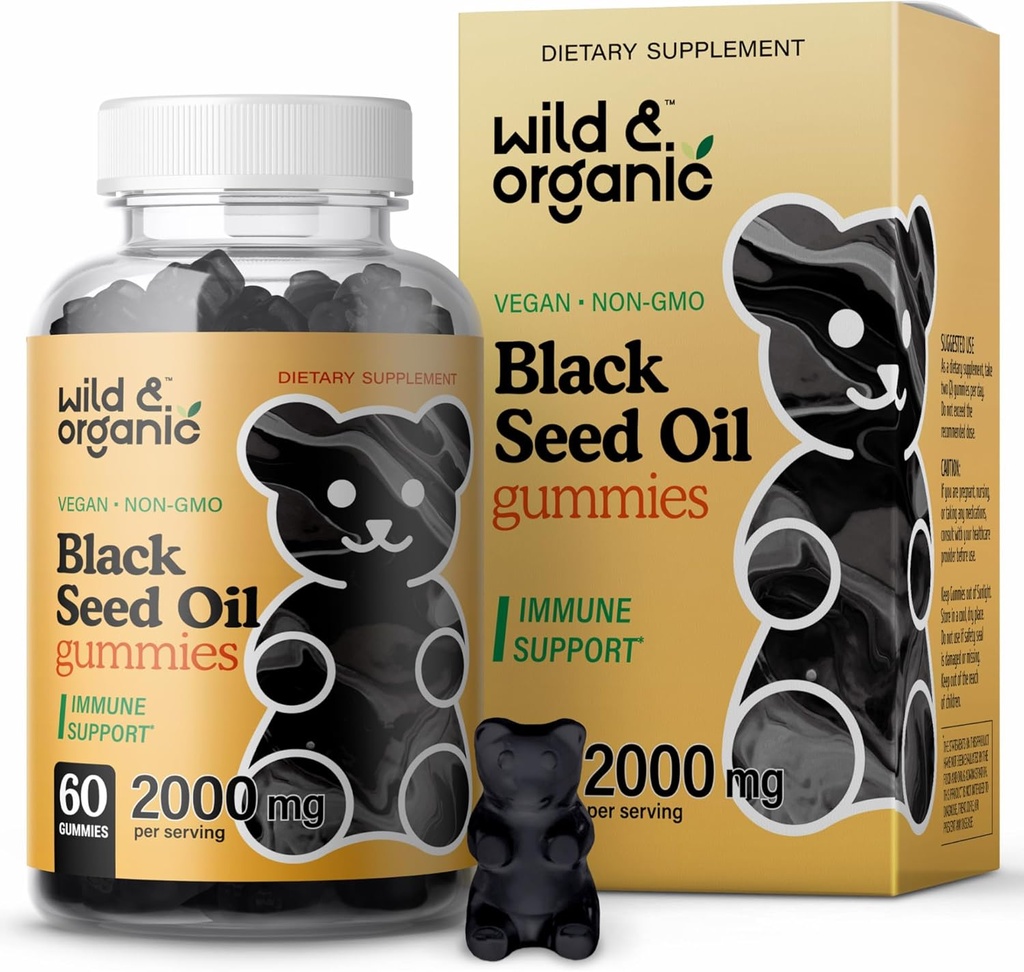 Wild & Organic Black Seed Oil Gummis 2000mg - Haar Haut und Nägel Unterstützung w/Cumin Öl - Nigella Sativa - Schwarz Seed Gummis für Immunität - 60 Omega 3 6 9 Chews