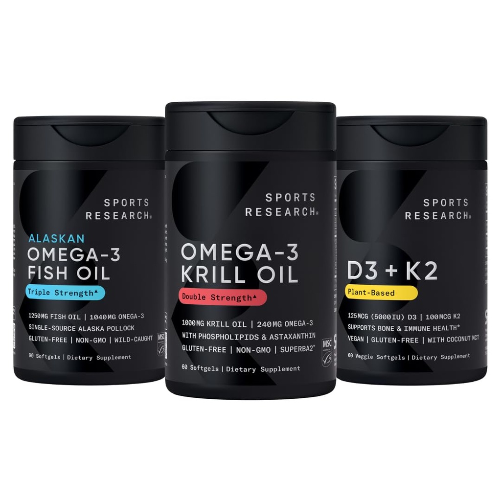 Recherche sportive Huile de krill de l'Antarctique Omega 3 1000mg (Double force) avec Phospholipides, Choline et Astaxanthine, Triple force Omega 3 Huile de poisson Une seule source Wild Alaska Pollock 1250mg, Vitamine D3 K2