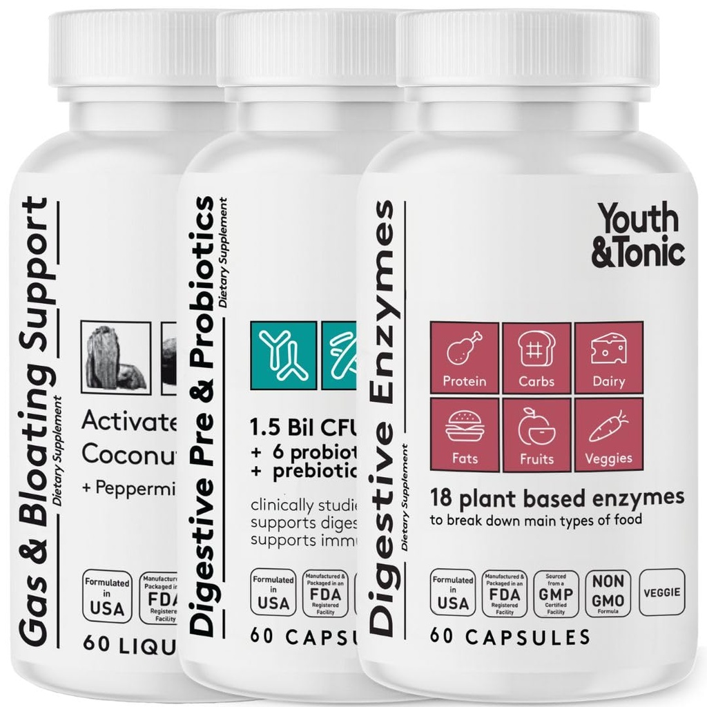 Youth & Tonic Digestion Stomach Support & Detox für Regelmäßigkeit, Gas & Bloating & Gut Health. Alle Arten Verdauungsenzyme Probiotics & Prebiotics Charcoal Peppermint & Bio Kokosöl 180 Pillen
