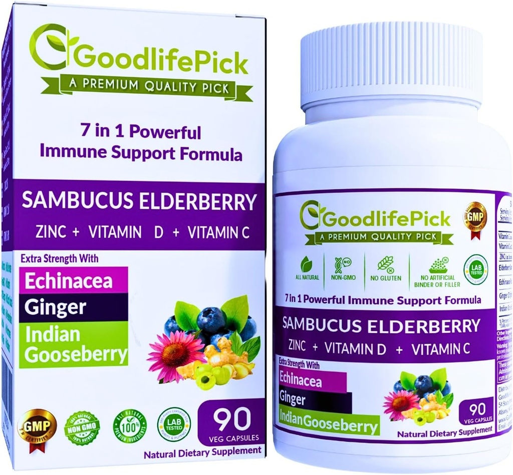7 in 1 Elderberry mit ZINC, Vitamin C, Vitamin D, Echinacea, Ginger & Indian Gooseberry (Amla). Premium Elderberry Kapseln 90 ct, Alle natürlichen, Non-GMO, Vegan,No Rice Powder, No-Gluten